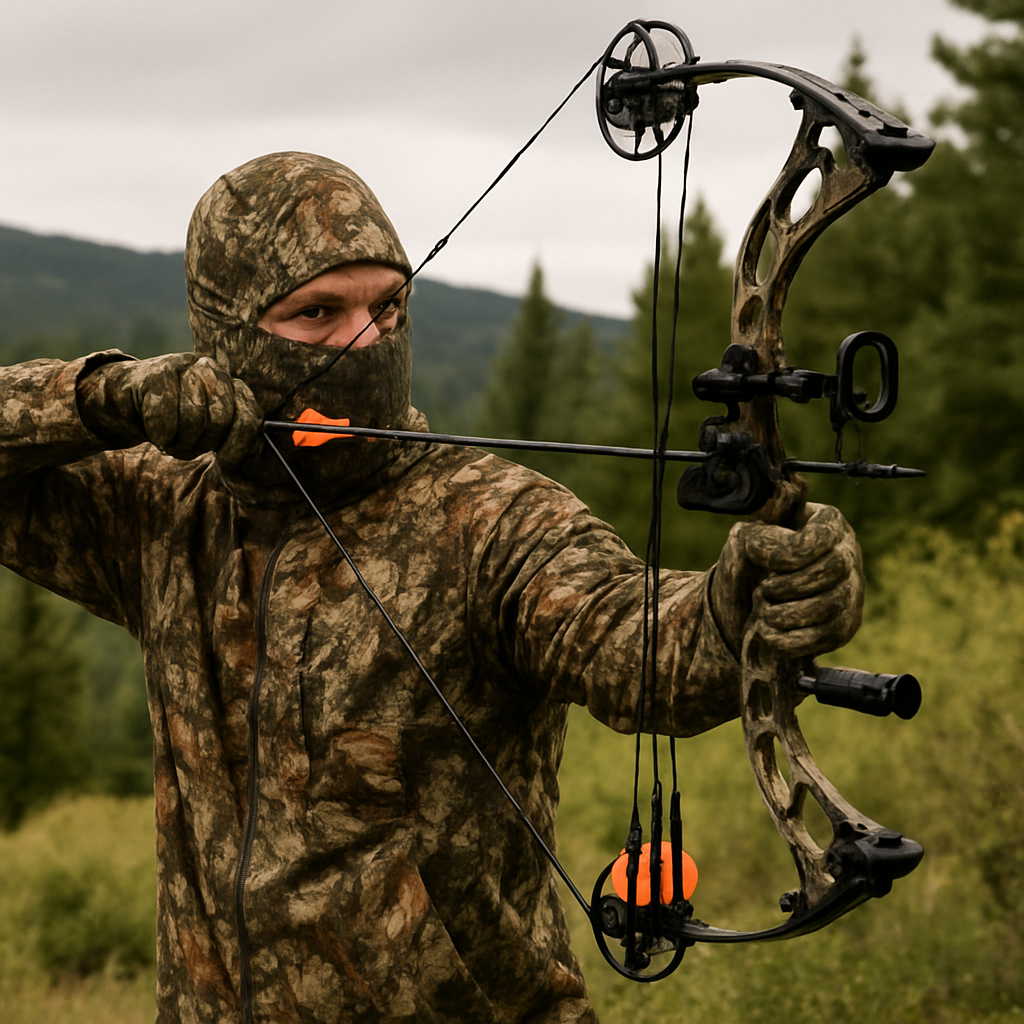 “Archery hunter in Kings Camo gear pulling back a bowstring in the wilderness
